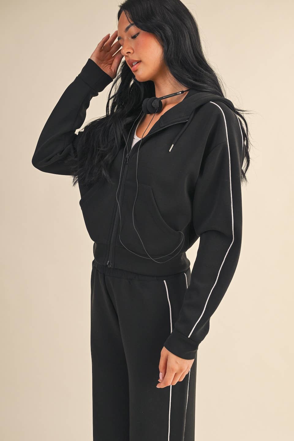 Super Soft Air Scuba Zip Up Hoodie With Piping: Black