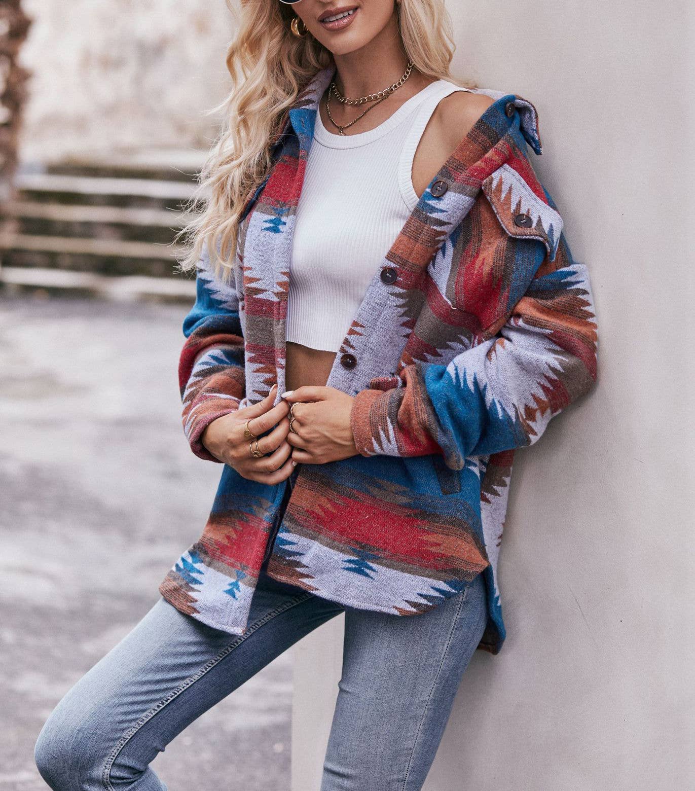 Aztec Shacket in Peacock Blue