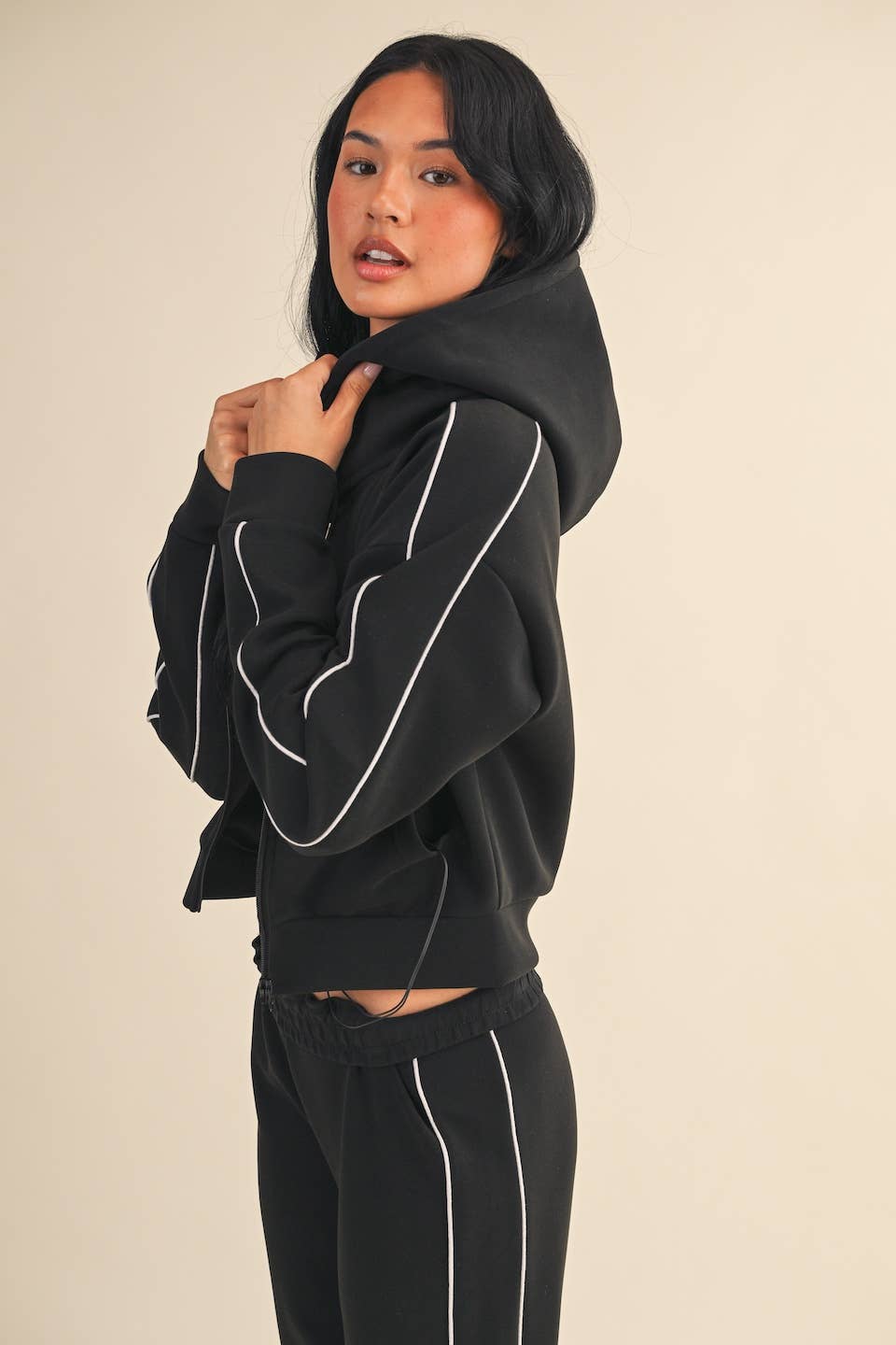 Super Soft Air Scuba Zip Up Hoodie With Piping: Black