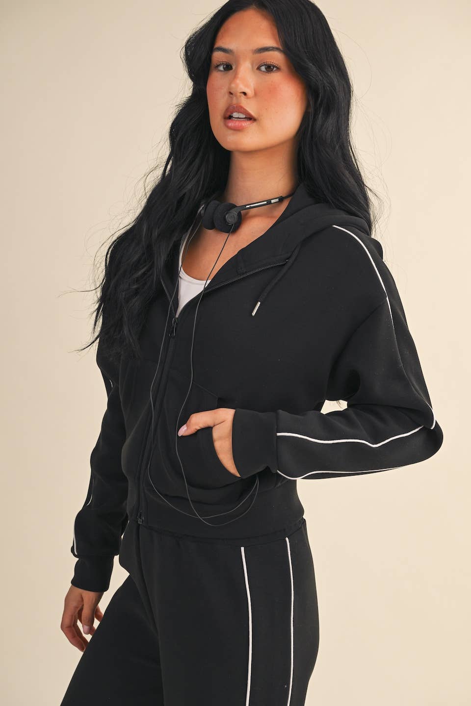 Super Soft Air Scuba Zip Up Hoodie With Piping: Black