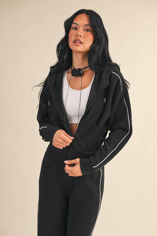 Super Soft Air Scuba Zip Up Hoodie With Piping: Black